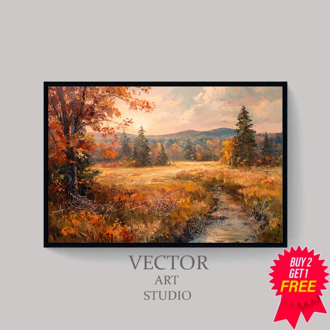 Golden Autumn Meadow with Spider Webs by Stream Landscape Poster - Image 4