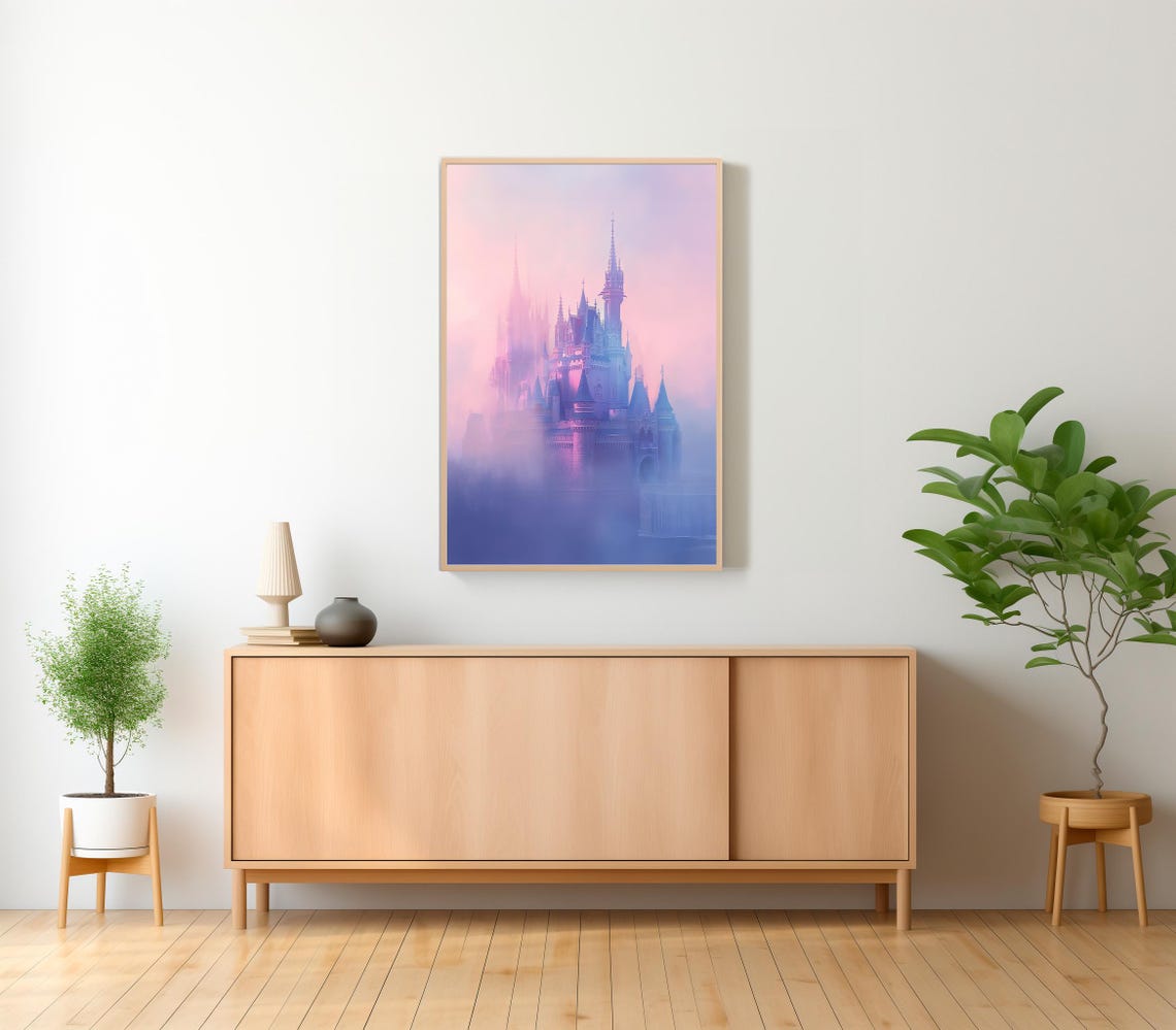 Dreamy Pastel Castle in a Lavender and Blue Mist Fantasy Wall Art - Image 2