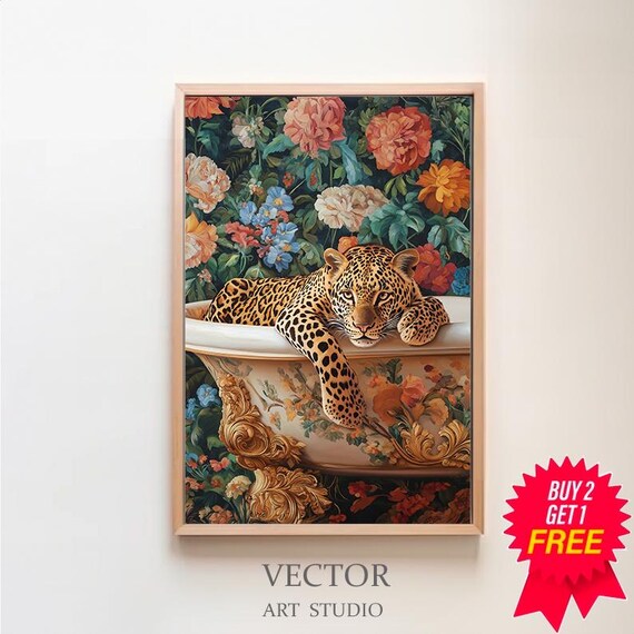 Leopard Reclining in a Golden Clawfoot Tub with Vintage Floral Wall Poster