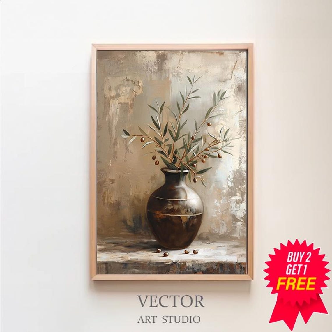 Moody Dark Brown Ceramic Vase with Olive Sprigs Still Life Poster