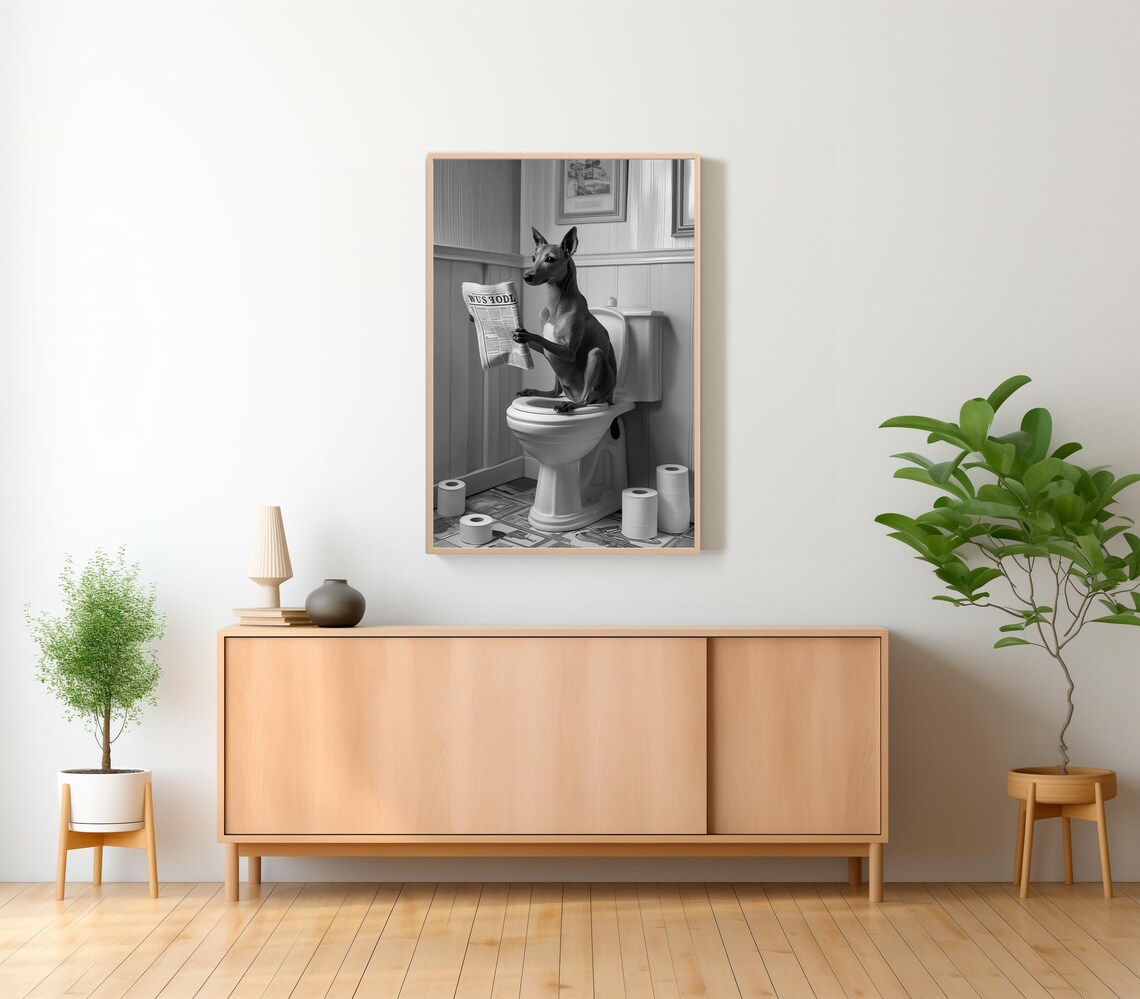 Greyhound Reading The Newspaper On The Toilet Funny B&W Poster - Image 2