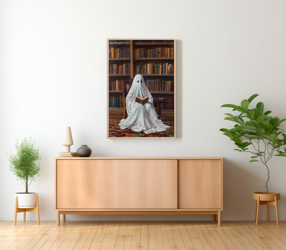 Sweet Ghost Reading In Leather Chair In Warm Vintage Library Poster - Image 2