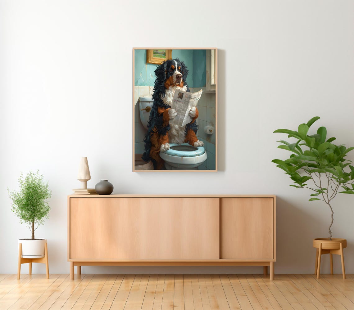 Funny Bernese Mountain Dog Reading Paper in the Bathroom Poster - Image 2