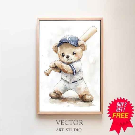 Teddy Bear Baseball Player Watercolor Cute Nursery Sports Poster