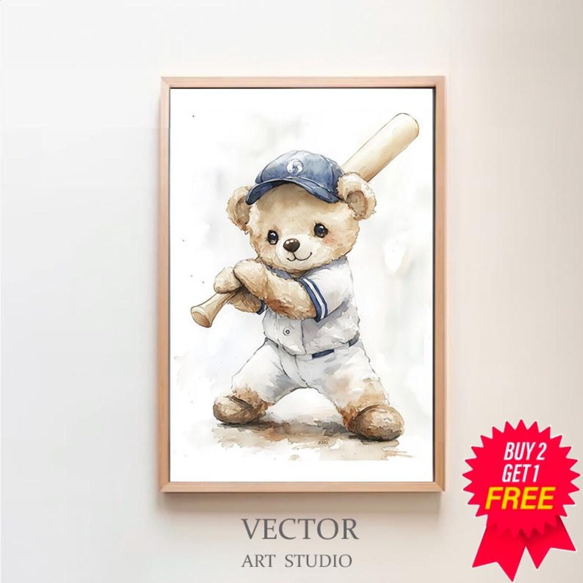 Teddy Bear Baseball Player Watercolor Cute Nursery Sports Poster