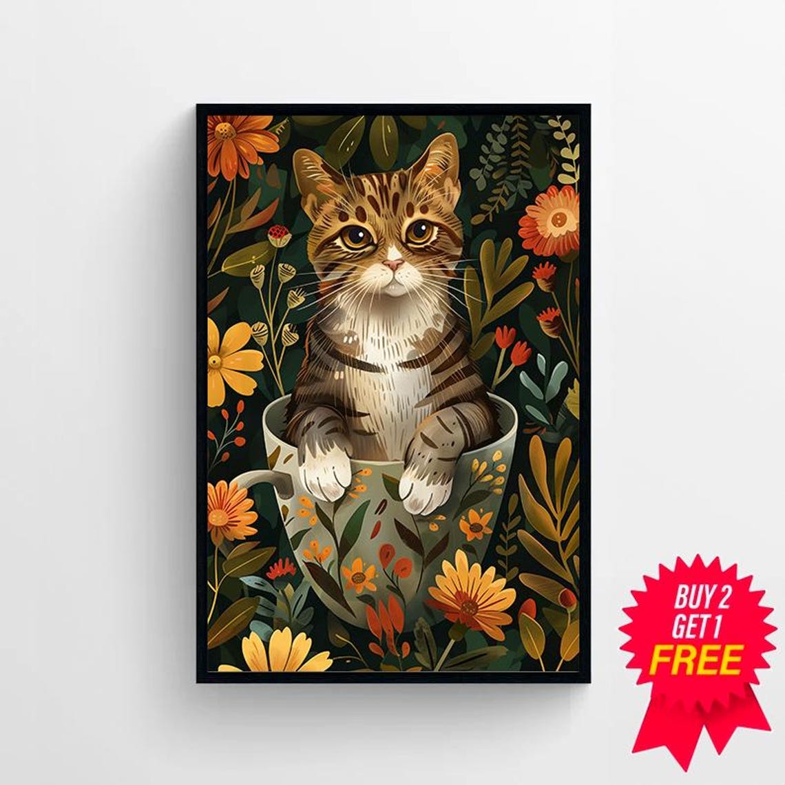 Cute Tabby Kitten Sitting Inside a Floral Teacup Jungle Poster - Image 4
