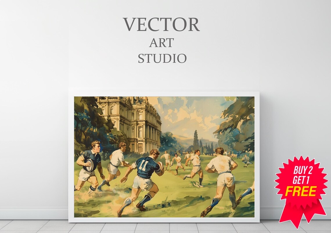 Vintage Rugby Match Illustration Country House Sports Poster - Image 3