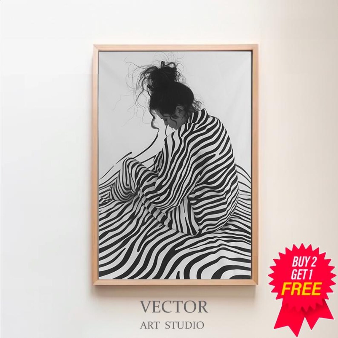 Black and White Striped Woman Seated in Contemplative Pose Poster