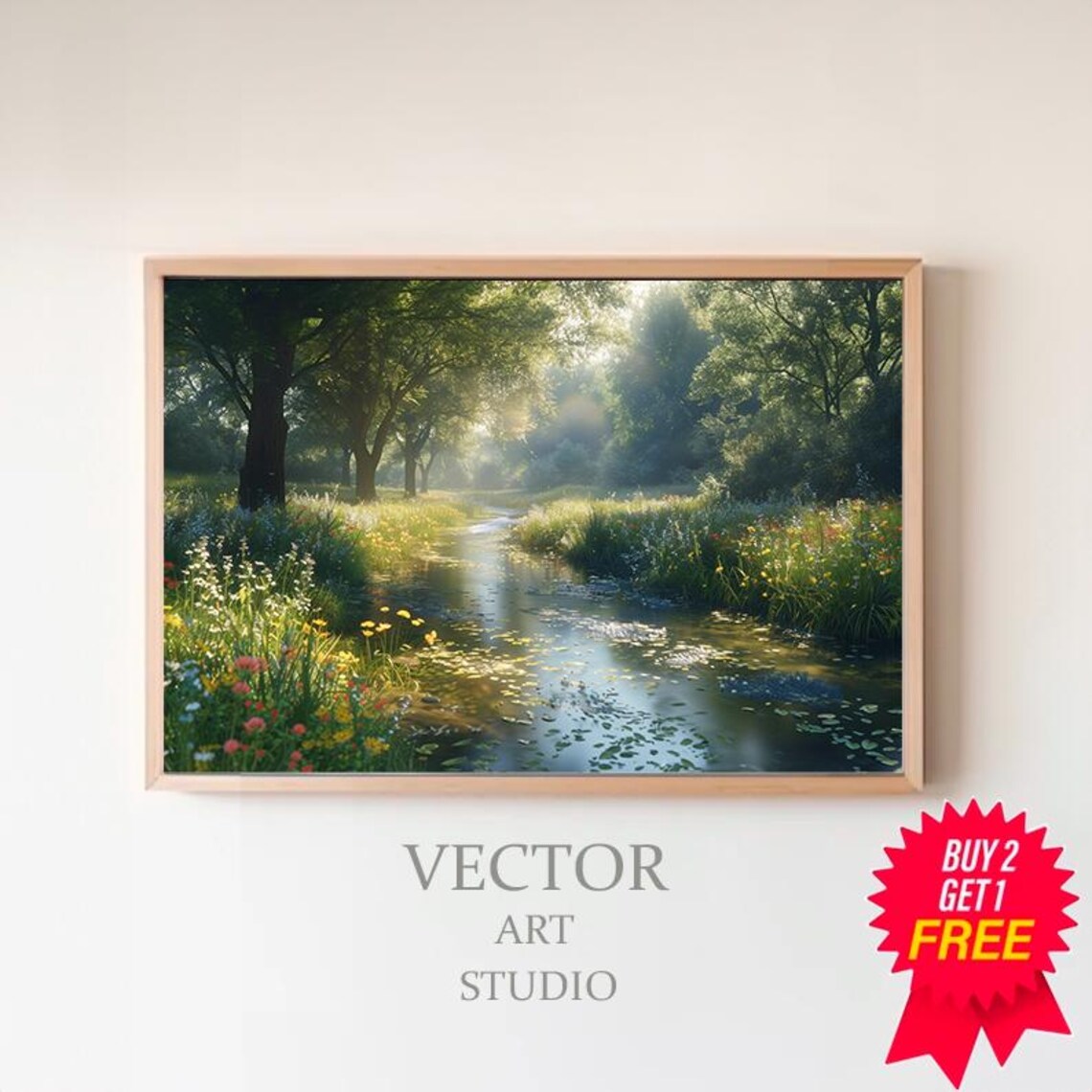 Sunlit Forest Stream With Colorful Wildflowers Landscape Art Poster