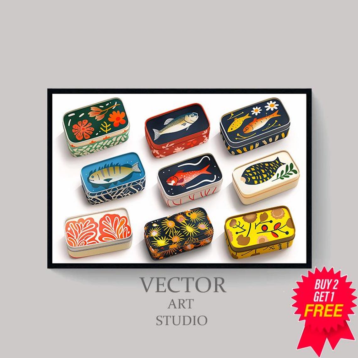 Decorated Sardine Tins with Painted Lids Grid Kitchen Poster - Image 4