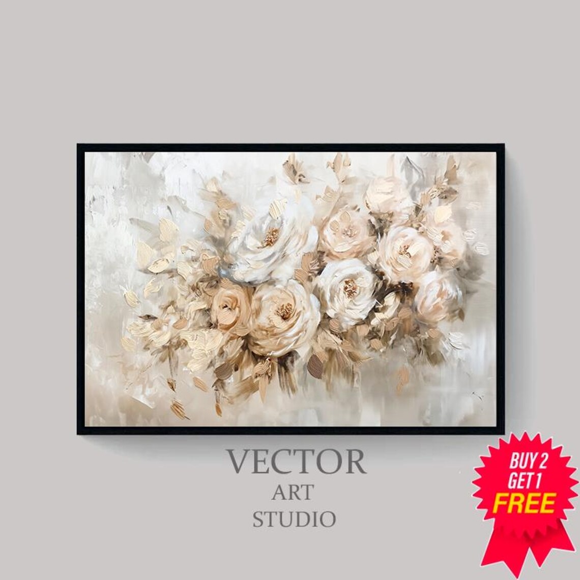 Neutral White Roses Bouquet Textured Floral Oil Painting Wall Art - Image 4