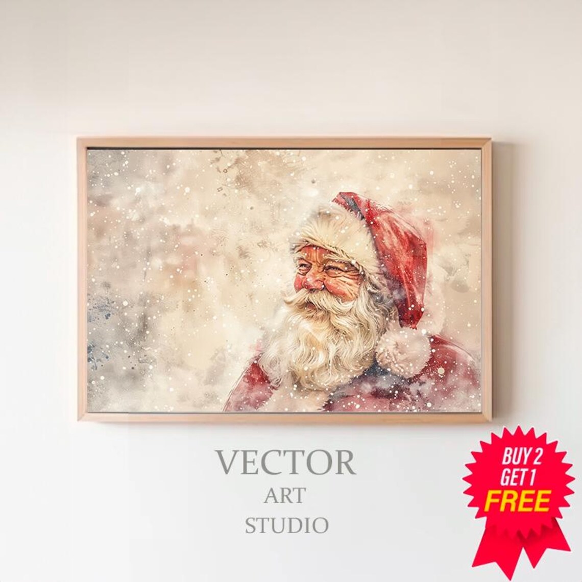 Smiling Santa Claus Snow Watercolor Cheerful Christmas Art Poster