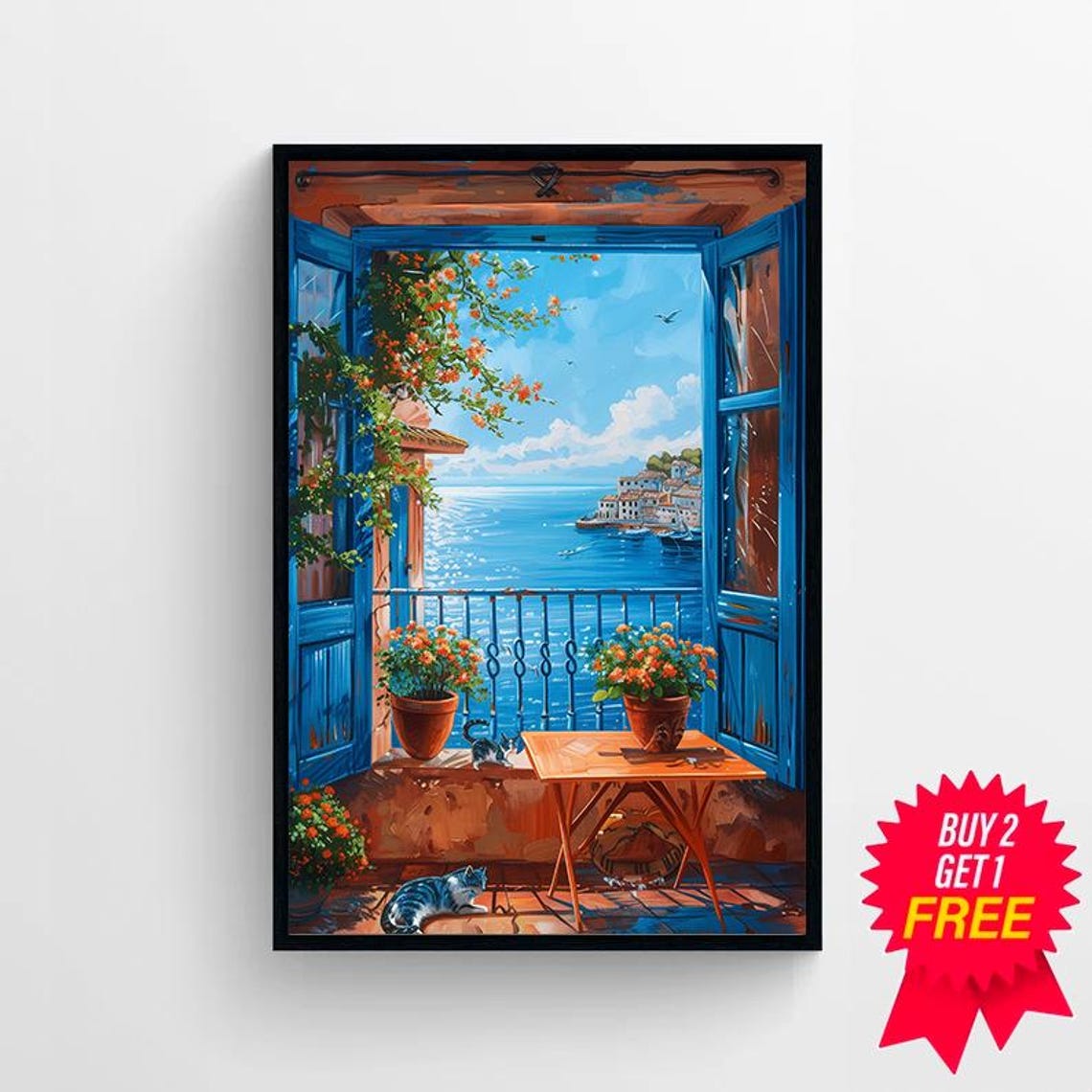 Sunny Blue Door Balcony Overlooking Sparkling Greek Sea Cat Art Poster - Image 4