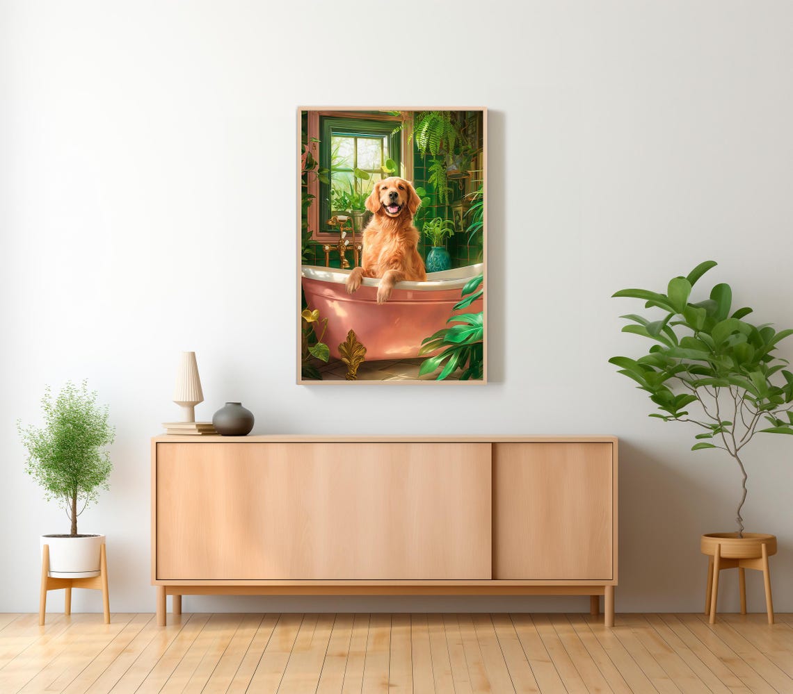 Golden Retriever Soaking in a Pink Bathtub Botanical Bathroom Poster - Image 2