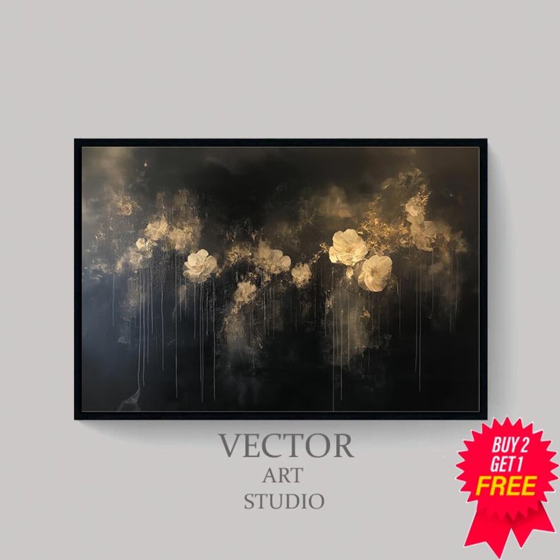 Dark Moody Gold Flowers With Dripping Paint Streaks Artwork Poster - Image 4