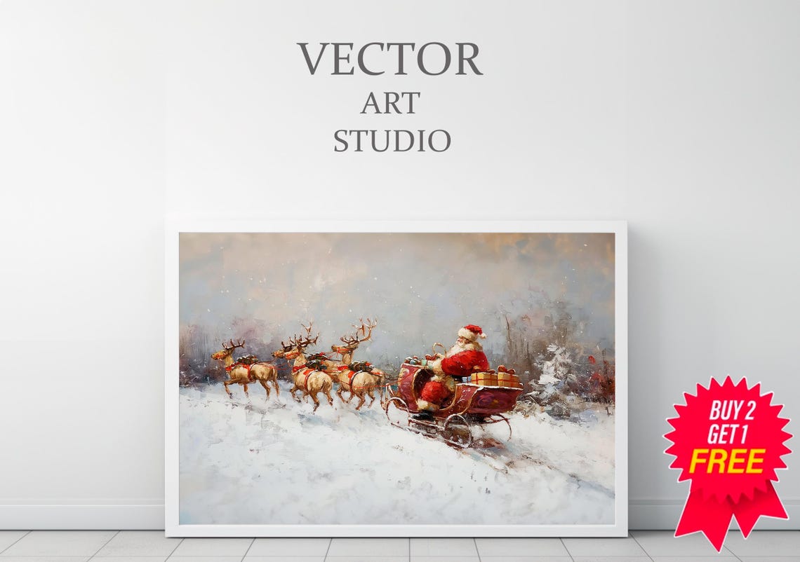 Santa And Six Reindeer Sleigh Crossing An Open Snowfield Poster - Image 3