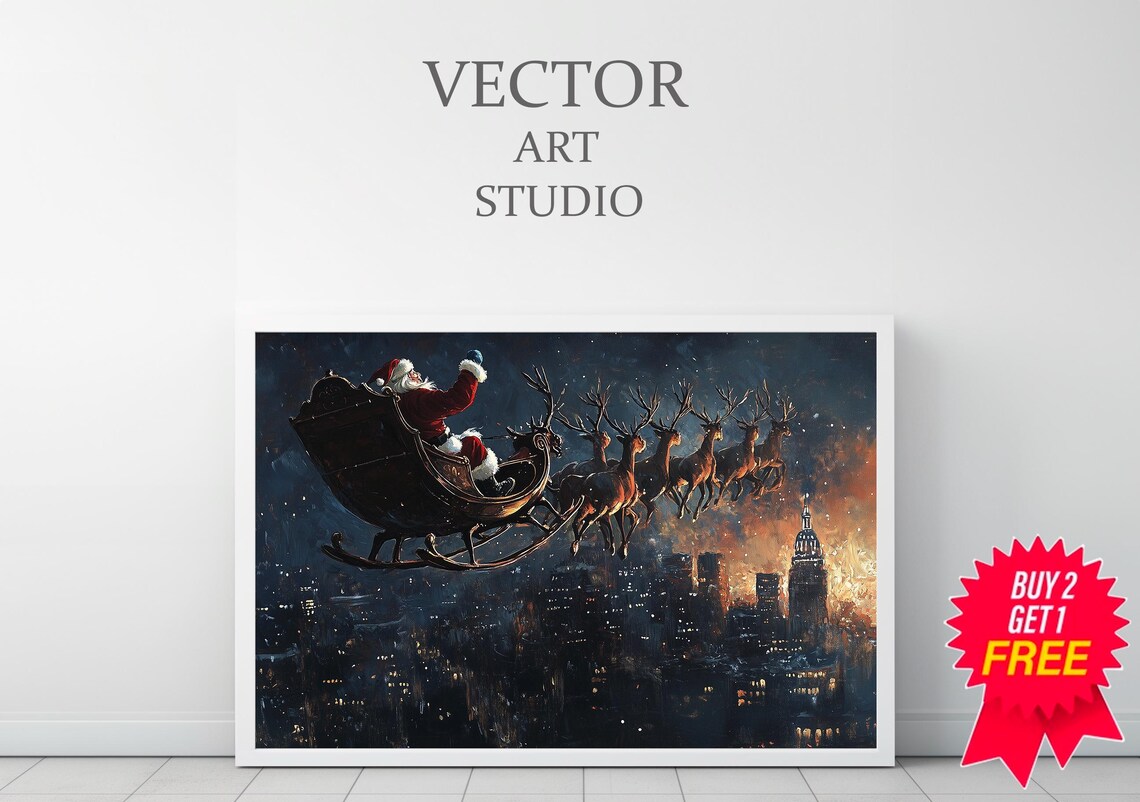 Santa Sleigh Flying Over Night City Vintage Christmas Art Poster - Image 3