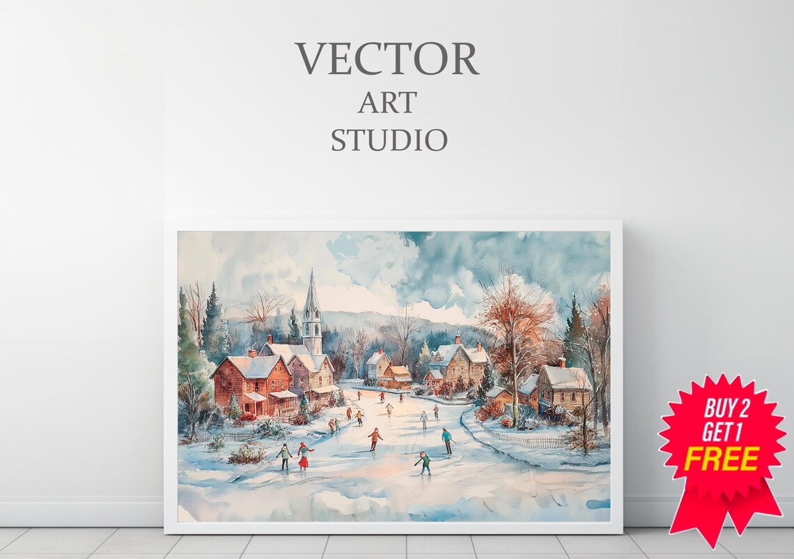 Snowy Village Ice Skating Pond Watercolor Winter Christmas Poster - Image 3