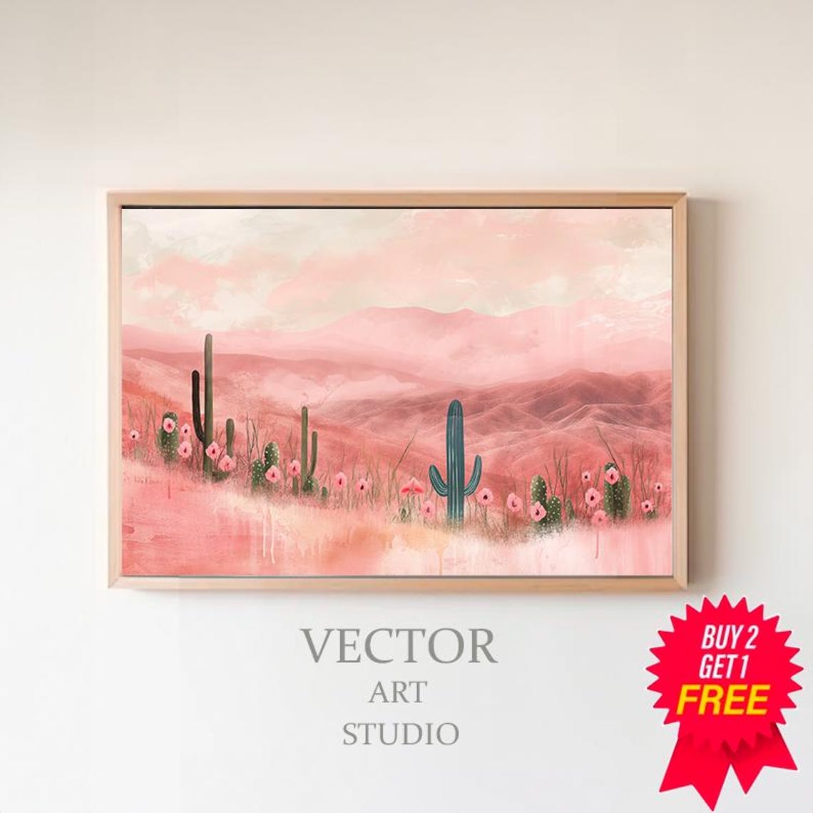 Pink Desert Sunset with Blooming Cacti Landscape Watercolor Poster
