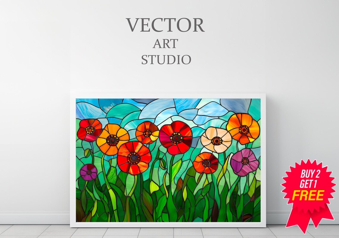 Stained Glass Poppies In Red Orange And Purple Floral Poster - Image 3