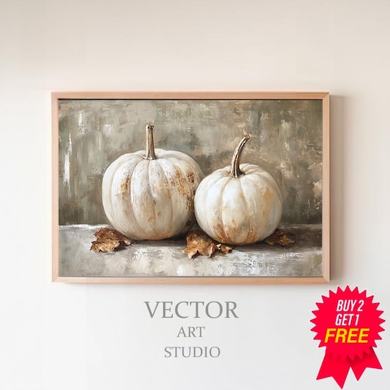 Two White Pumpkins with Autumn Leaves Farmhouse Fall Still Life Poster