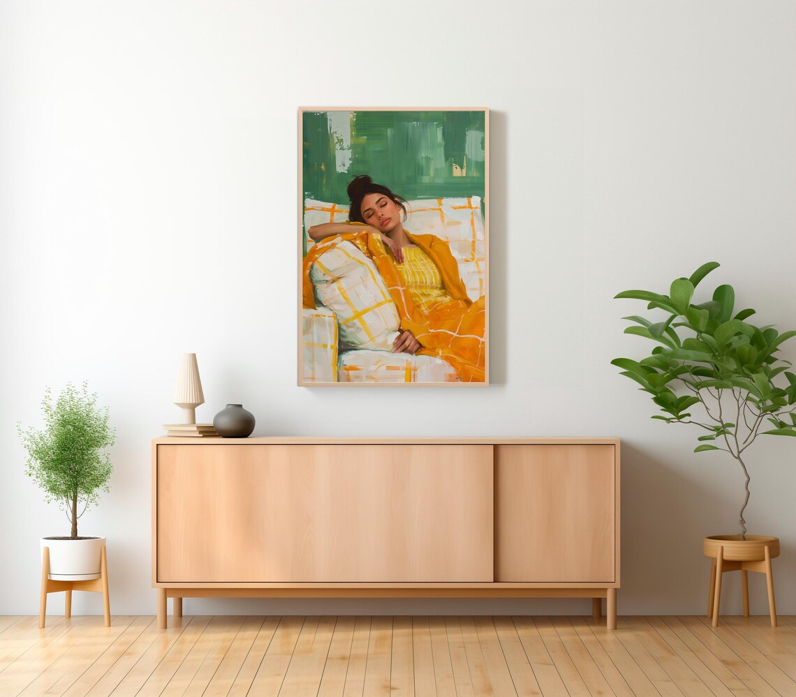 Painting of a Woman in Golden Yellow Lounging on a Checkered Couch Poster - Image 2