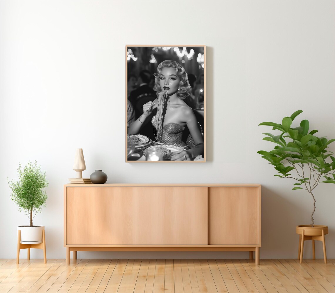 Glamorous 1950s Woman Eating Spaghetti at a Restaurant Photo Poster - Image 2