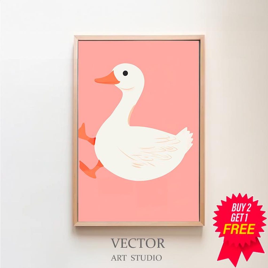 Silly Chubby Goose on a Coral Pink Minimalist Nursery Art Poster