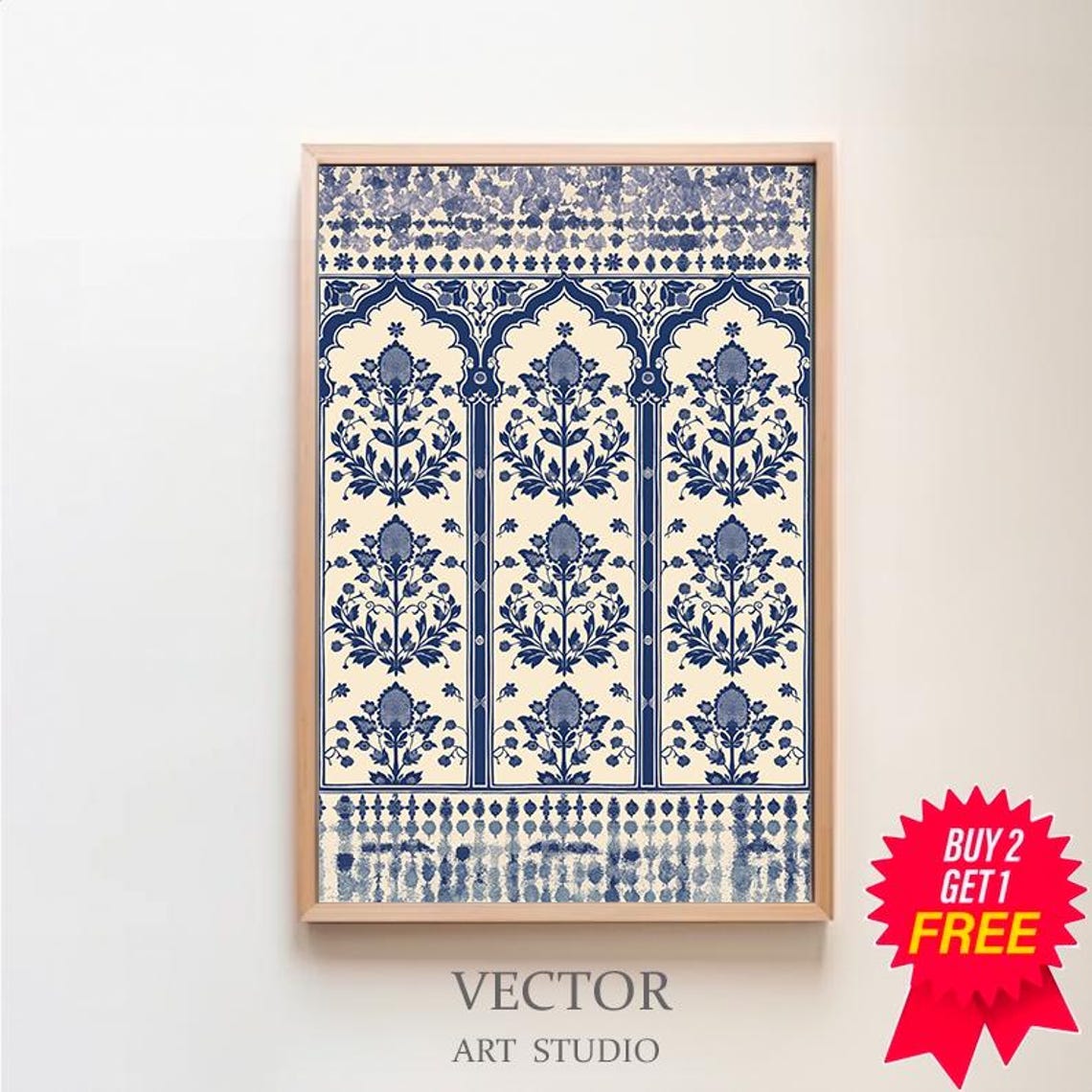 Blue White Floral Arch Tapestry Pattern Decorative Art Poster