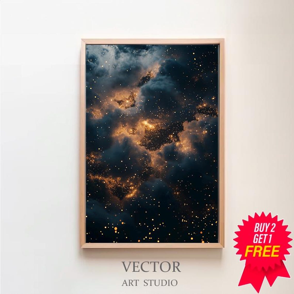 Midnight Starry Night Sky with Golden Stars Over Dark Clouds Poster