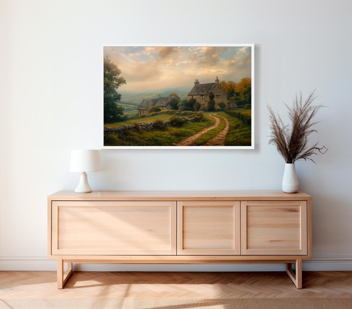 Stone Country Cottages at Sunset with Winding Dirt Road Poster - Image 2