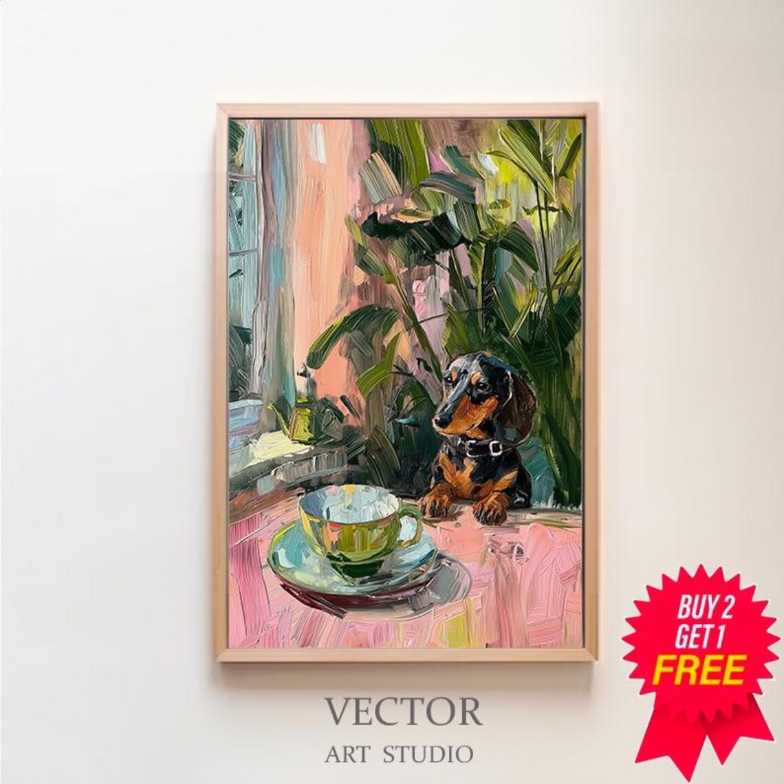 Vintage Dachshund with Teacups, Kitchen Decor Art Print