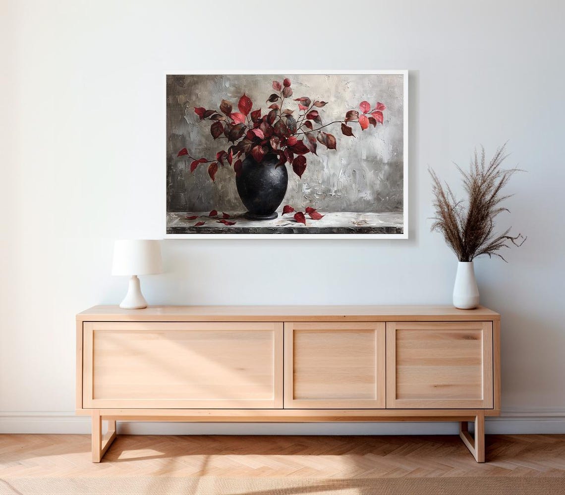 Burgundy Branches Painting Art Moody Floral Art Vintage Fall Artwork - Image 2