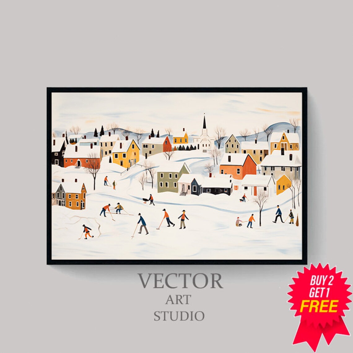 Snowy Village Pond Hockey Game Folk Art Vintage Winter Painting Poster - Image 4