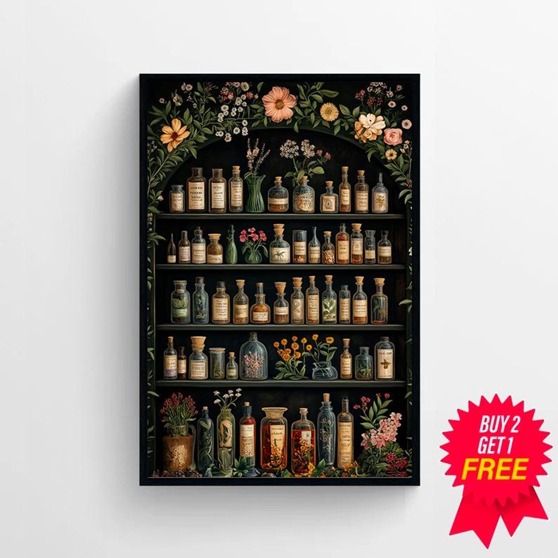 Witch Apothecary Shelves with Botanical Floral Border Poster - Image 4