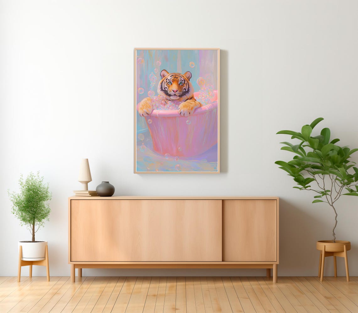Tiger Cub Splashing in a Pastel Bubble Bath Whimsical Nursery Poster - Image 2