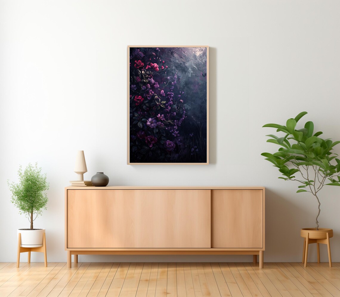 Velvet Purple Roses in a Misty Dark Botanical Floral Painting Poster - Image 2