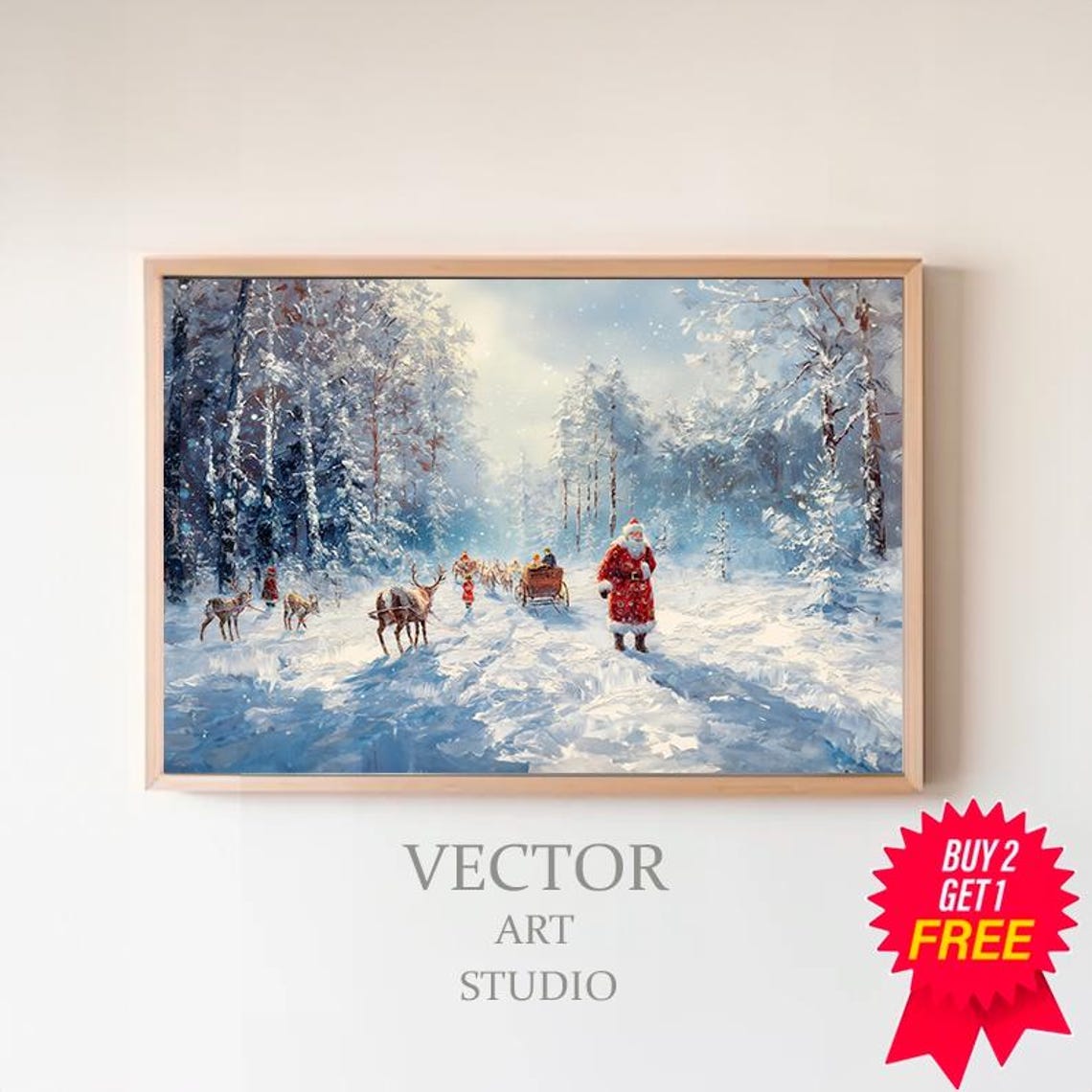 Santa Claus Walking With Reindeer Sleigh In Snowy Forest Wall Art