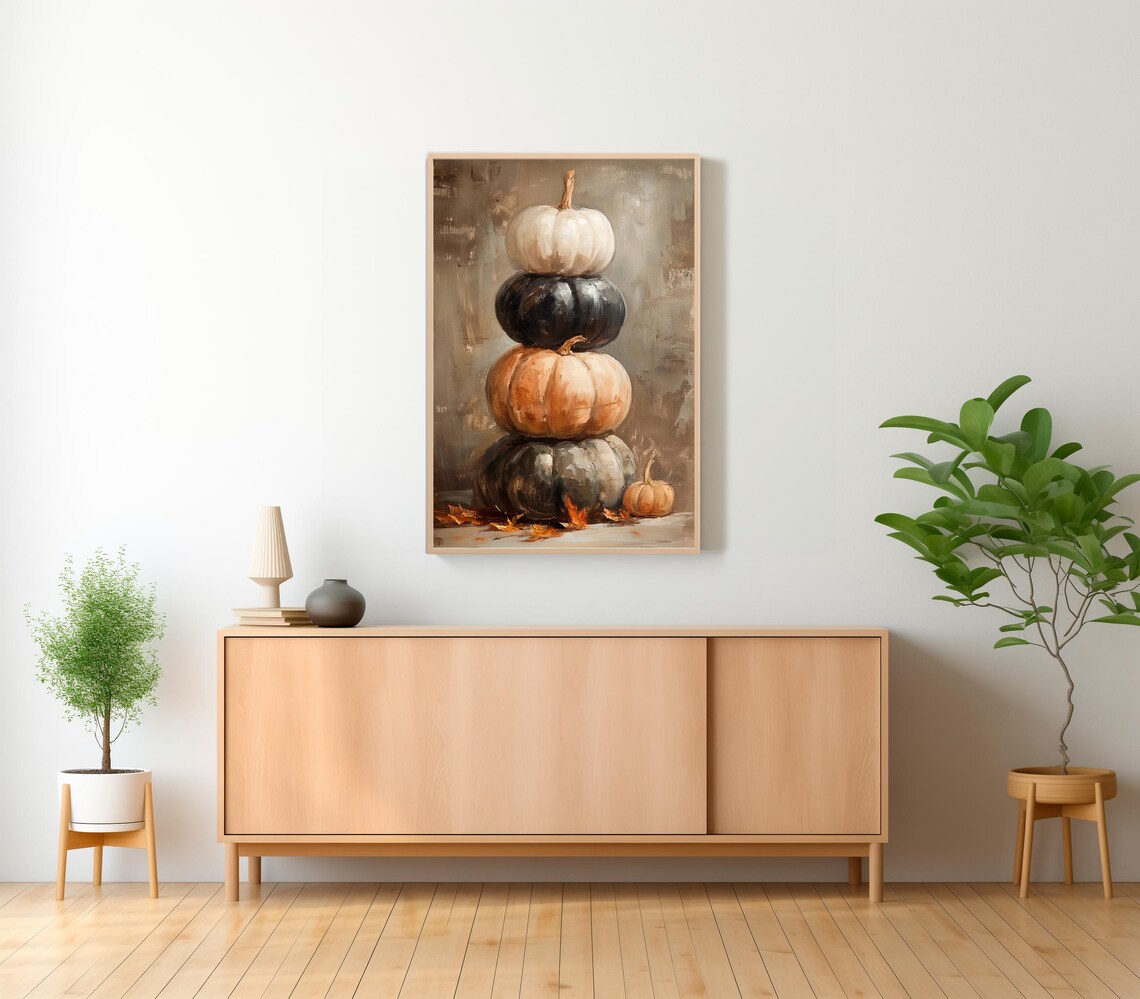 Stacked Pumpkins in White Black and Beige Fall Harvest Poster - Image 2
