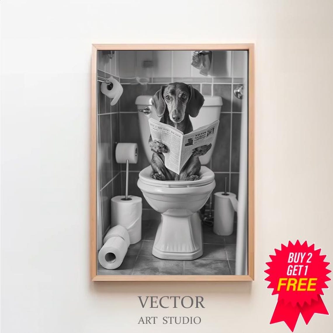Funny Dachshund Reading the Newspaper on the Toilet Bathroom Poster