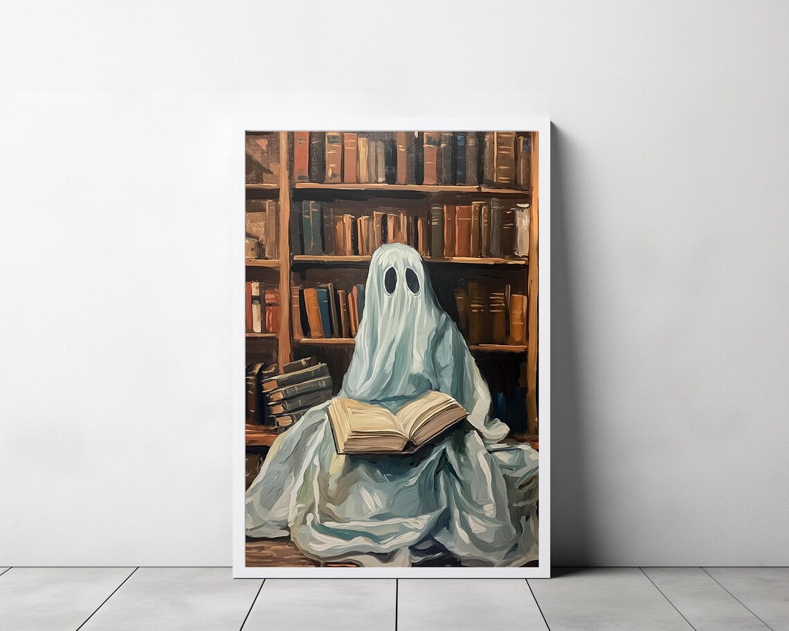 Cute Ghost Reading An Open Book Before Vintage Bookshelves Library Poster - Image 3
