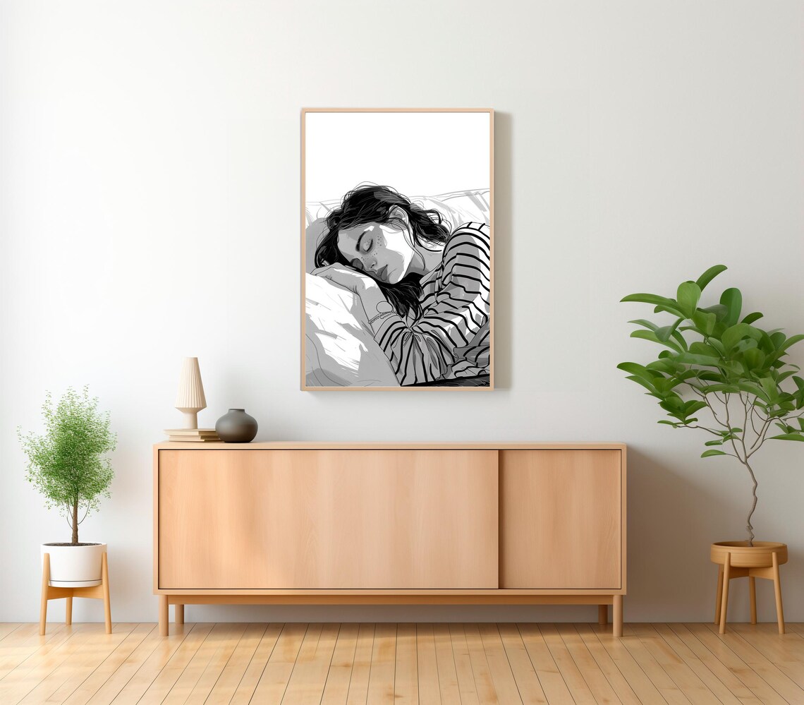Black and White Sketch of a Sleeping Woman in Stripes Poster - Image 2