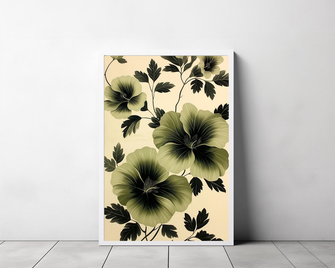 Olive Hibiscus Folk Flowers on Cream Vintage Botanical Poster - Image 3
