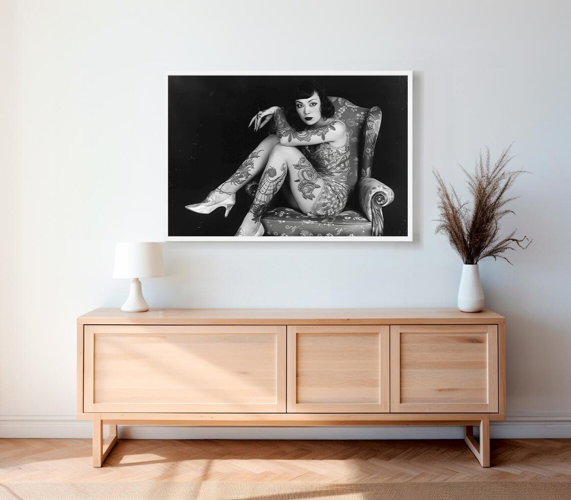 Tattooed Woman Reclining Portrait Vintage Black and White Photo Poster - Image 2
