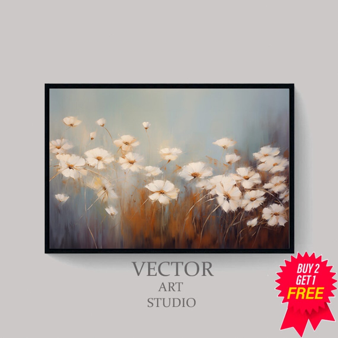 White Cosmos Flowers in Misty Blue Meadow Soft Abstract Floral Poster - Image 4