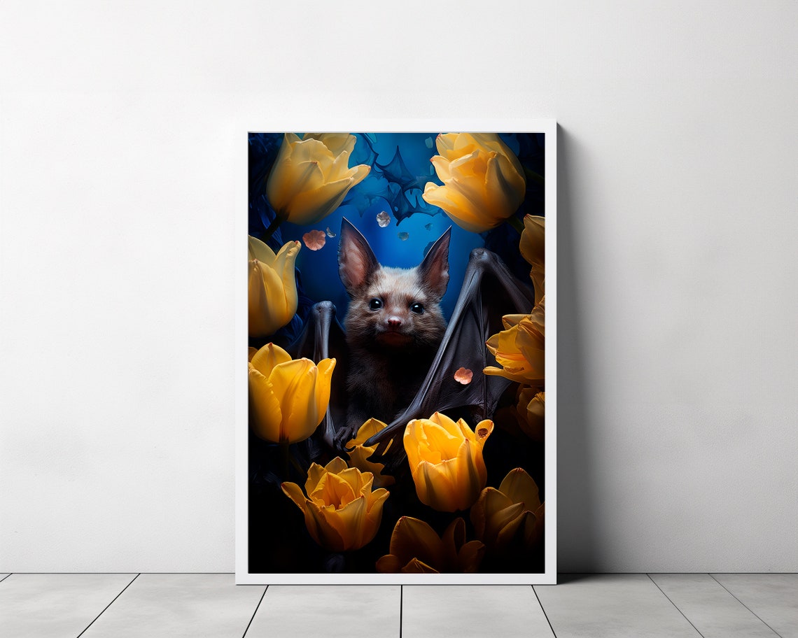 Cute Fruit Bat Among Bright Yellow Tulips Whimsical Animal Art Poster - Image 3