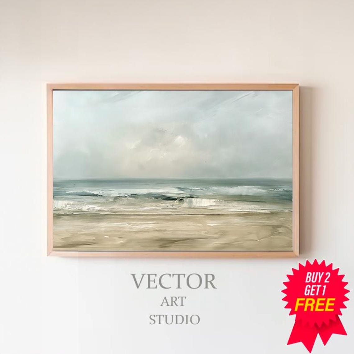 Serene Misty Ocean Shoreline Beach Waves Neutral Coastal Wall Art