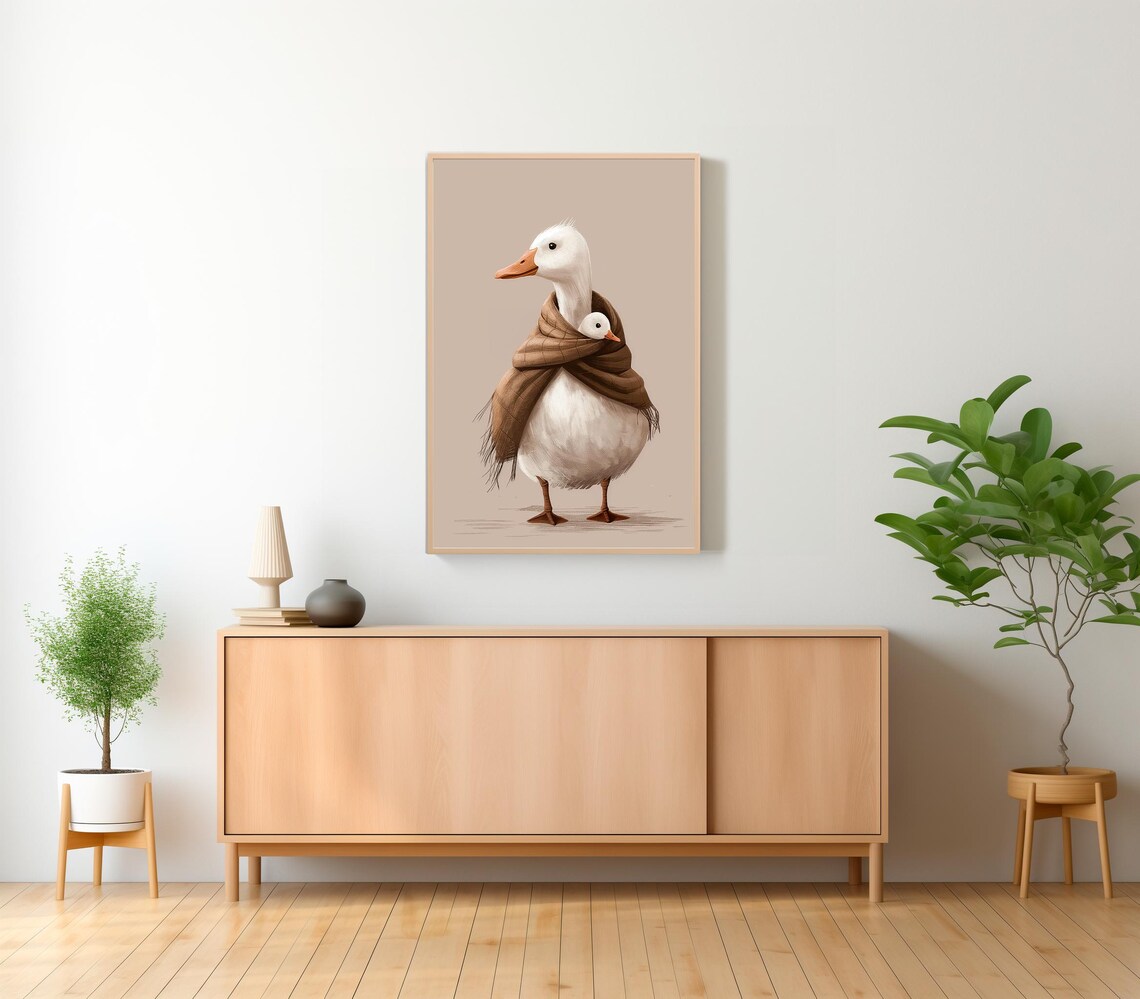 Mother Duck Wrapping Duckling in Brown Scarf Sweet Nursery Poster - Image 2