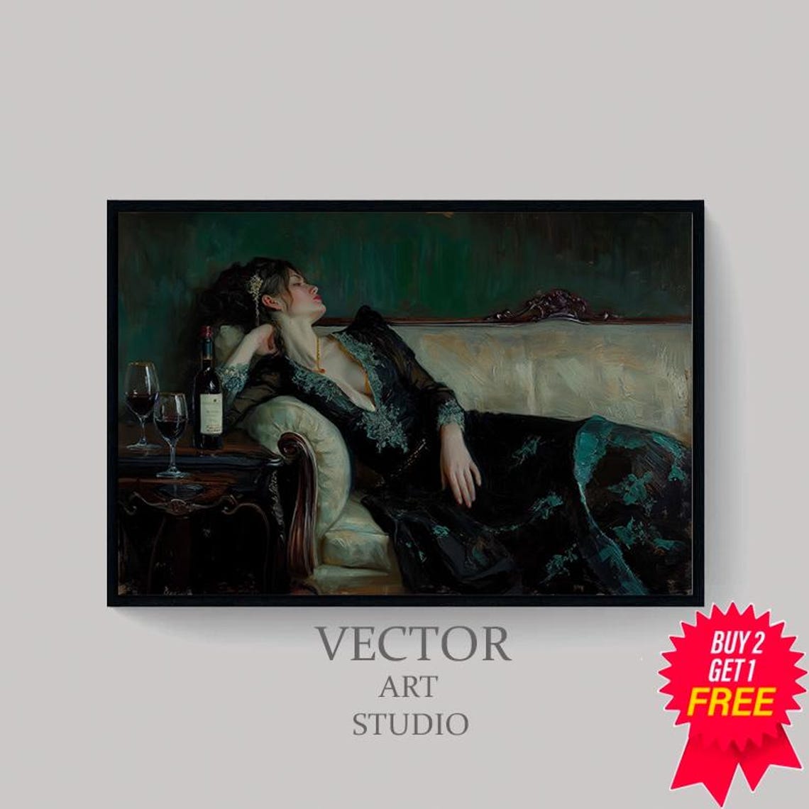 Victorian Woman Reclining On A Chaise With Wine Moody Poster - Image 4