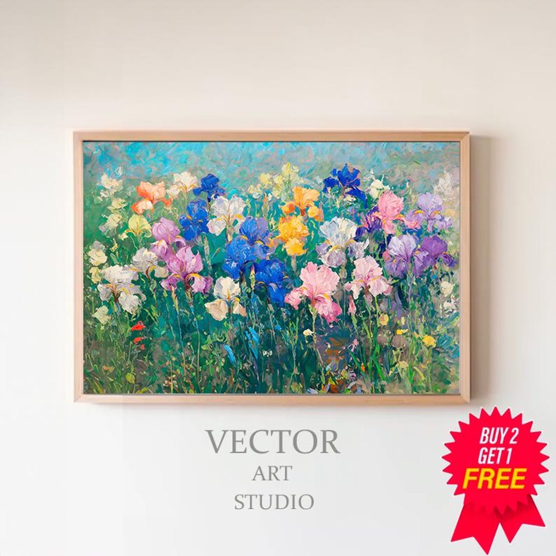 Multicolor Iris Field Blooming Under A Bright Blue Sky Poster